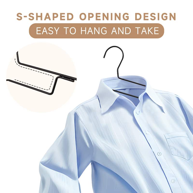 BP4U S-Shaped Opening Metal Coat Hangers with Wooden Pants Bar, Reinforced Wire Clothers Hangers for Sweaters, Shirts