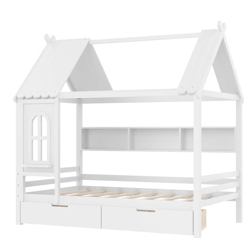 Charming House Bed for Girls, Boys Low Platform Bed Frame with Under-bed Drawers, Storage Shelves, Window and Roof