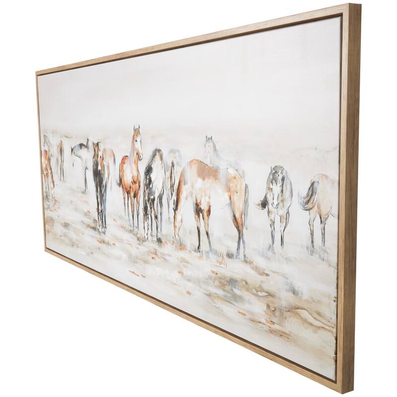 Canvas Horse Wall Art with Wooden Frame and Gold Foil Accents - Brown - Roche River Decor