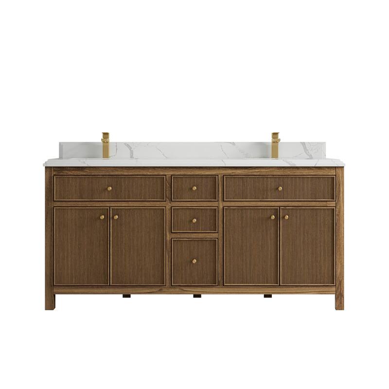 Willow Collections 72 in. W x 22 in. D Sonoma Teak Double Sink Bathroom Vanity with Countertop - 1.5" Calacatta Laza - Dark Natural