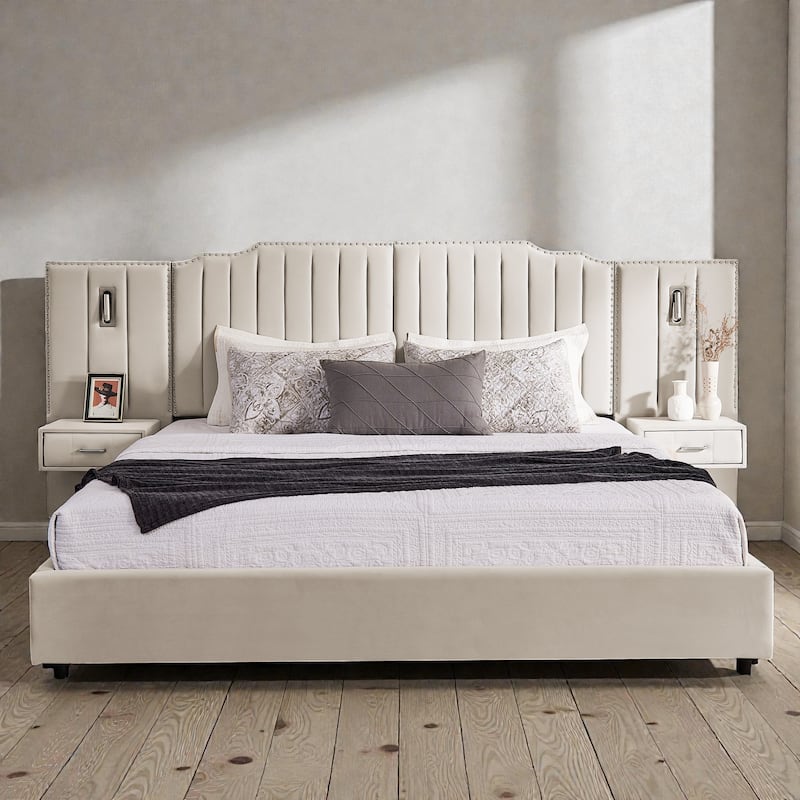 Modern Upholstered Bed Frame with Velvet Headboard, Vertical Channel Button Design, Integrated Nightstand, Platform Support