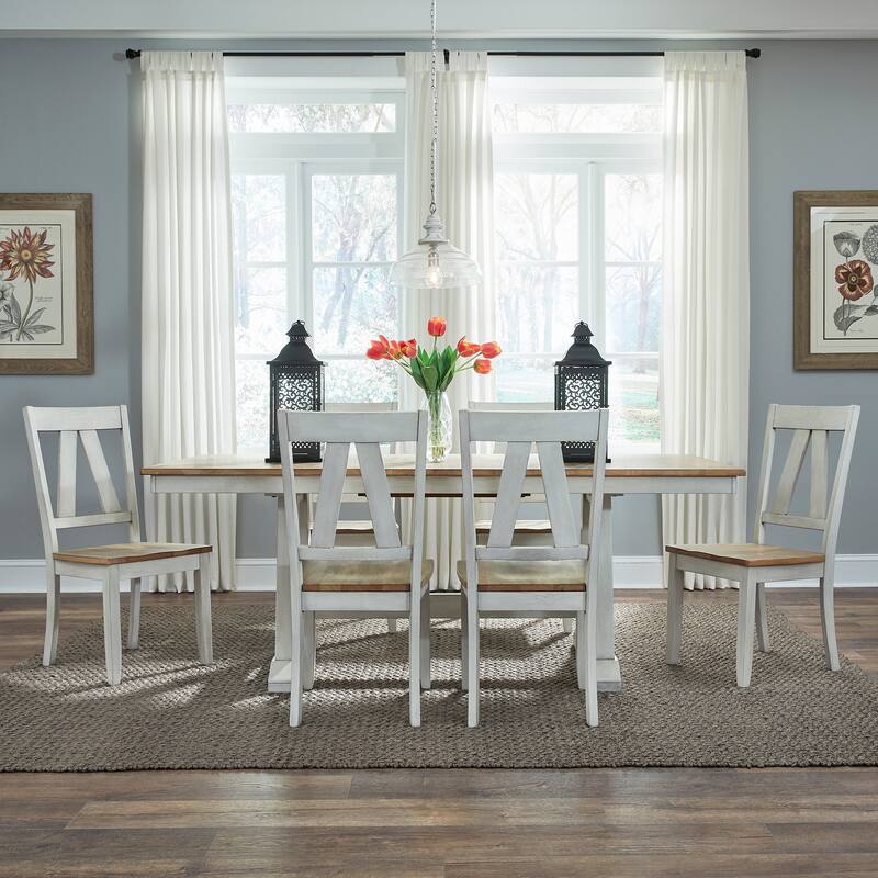 Lindsey Farm Weathered White & Sandstone 7 Piece Trestle Table Set - White