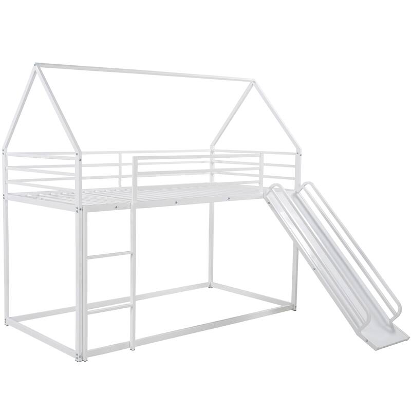 Whimsical Twin Bunk Bed with Slide, Metal Frame House Design, Safety Guardrails Included