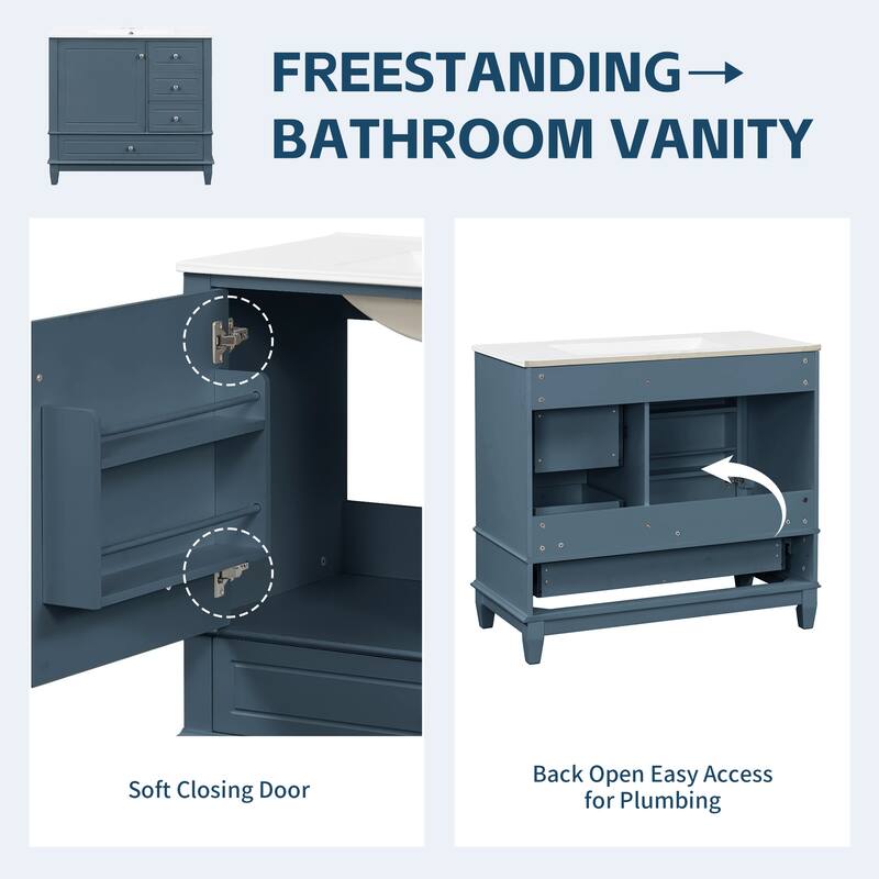 36" Bathroom Vanity with Ceramic Sink - MDF & Solid Wood Base, 3 Drawers & Storage Cabinet, Freestanding Design, 4" Faucet Holes