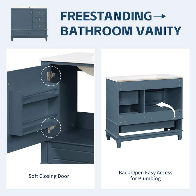 36" Freestanding Bathroom Vanity with Ceramic Sink, Solid Wood & MDF Cabinet, 3 Drawers & Shelves, Painted Finish