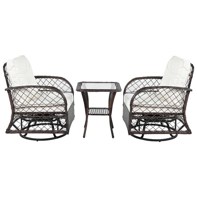 3-Piece Outdoor Chair Table Set Chat with Square Table & 2 Swiveling Chairs Set 2-person Rattan Seating Group for Garden Brown