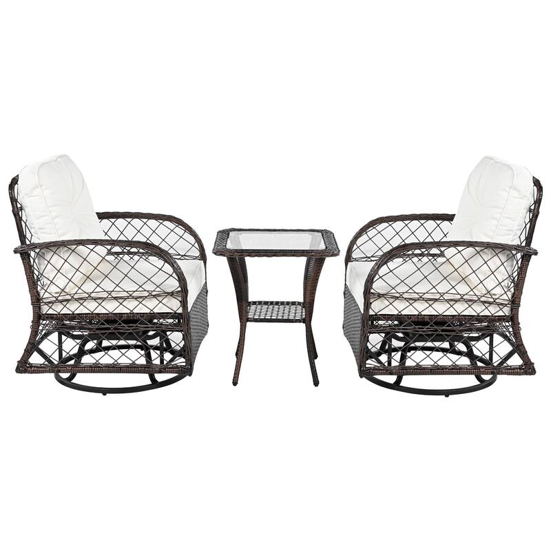 3-Piece Outdoor Patio Set with Two 360° Swivel Rattan Chairs and Tempered Glass Square Table