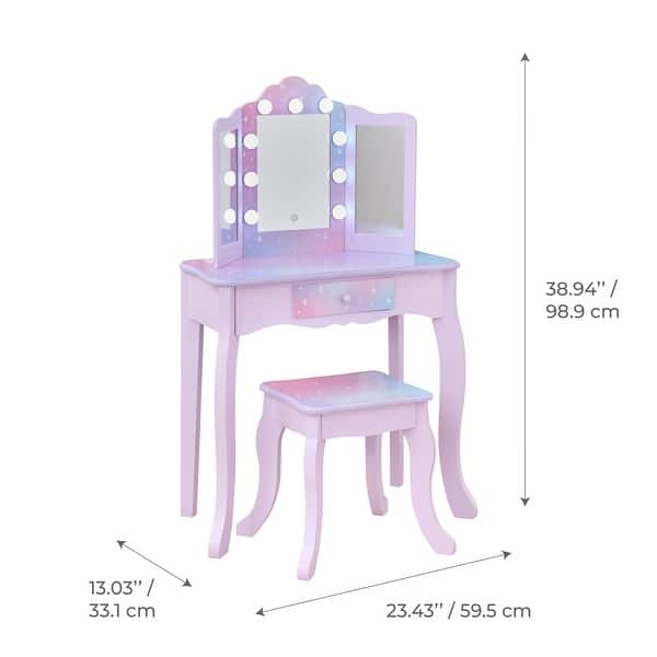 Teamson Kids Wooden Kids Vanity Pretend Play Toy Set with Touch Sensor Mirror, LED Lights, and Storage Drawer Toddlers and Kid