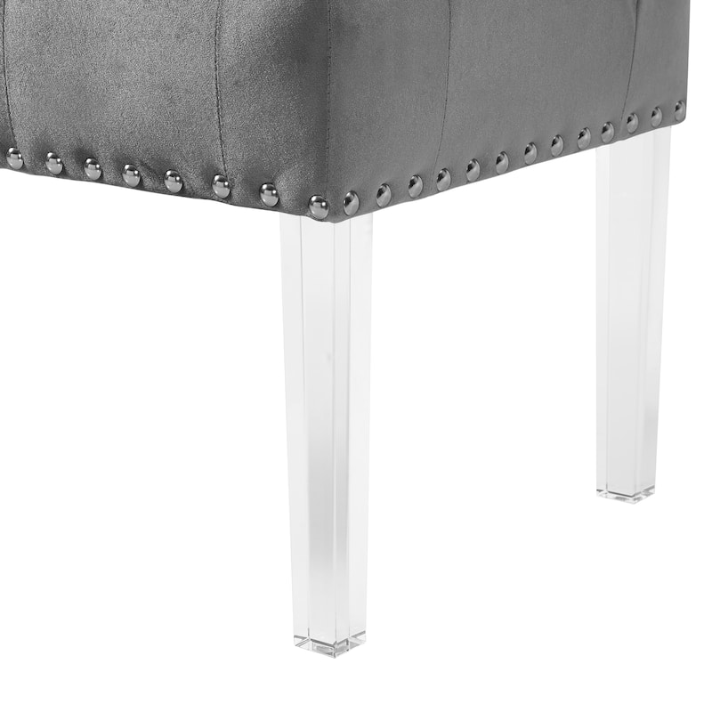 Valley Button Tufted Velvet Upholstered Bench with Acrylic Leg, Blue - Gray