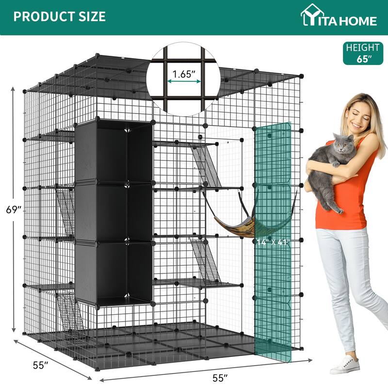 Large Cat Cage with Storage Cube DIY Indoor Catio Metal Cat Playpen with Hammock Platforms for 1-4 Cats 5 Tiers Cat Kennel