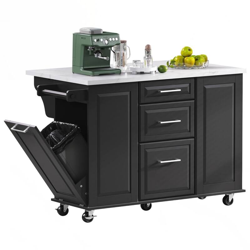 Kitchen Island with Storage Tilt Trash Can Cabinet and Pull Out Cabinet Organizer