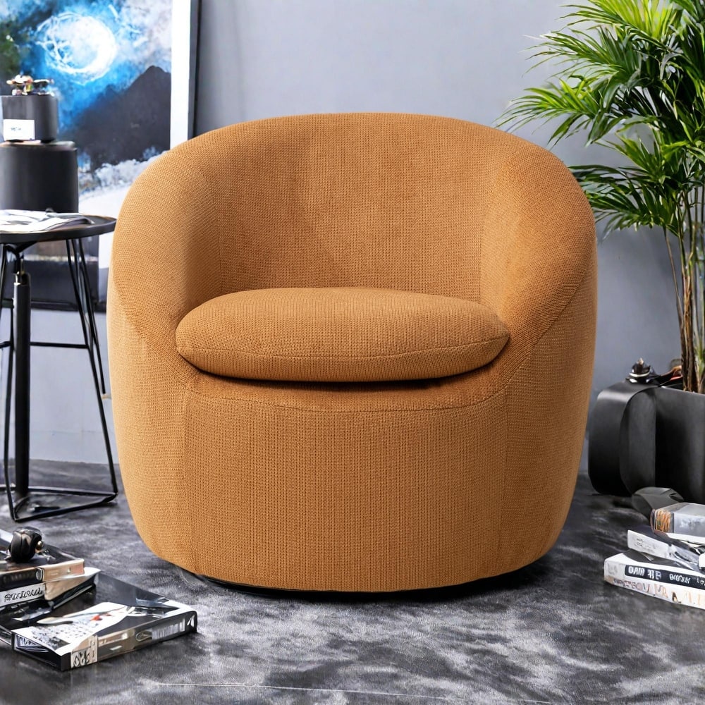 Fabric 360° Swivel Barrel Chair with Round Metal Base, High-Density Foam Cushion, and Modern Design