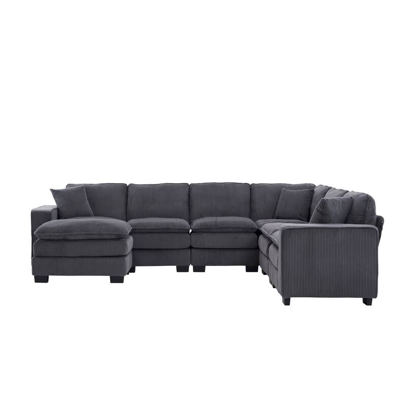 Modular Sectional Sofa for Living Room, U Shaped Sofa Couch with Ottoman and Three Toss Pillows, Corduroy Fabric Sofa Set