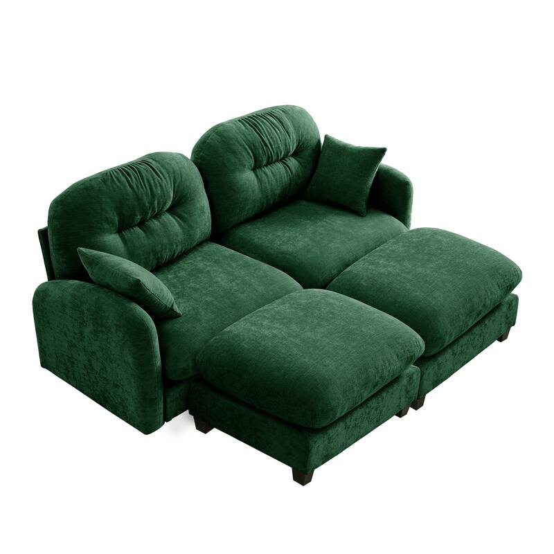 2 Seat Chenille Sofa Round Arms Sectional Sofa, Modern 74" Tufted Back Couch with Ottoman for Lving Room, Small Space