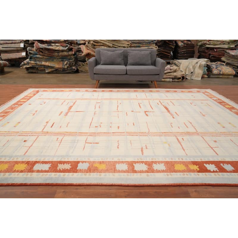 Hand Knotted Oriental 100% Wool Carpet Modern Geometric Beige & Ivories Gabbeh Area Rug - 13' 3'' X 10' 0''