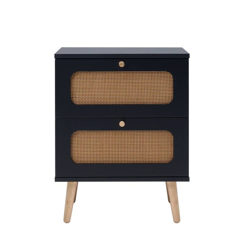 Black-Brown Rattan Nightstand with 2 Drawers and Solid Wood Legs