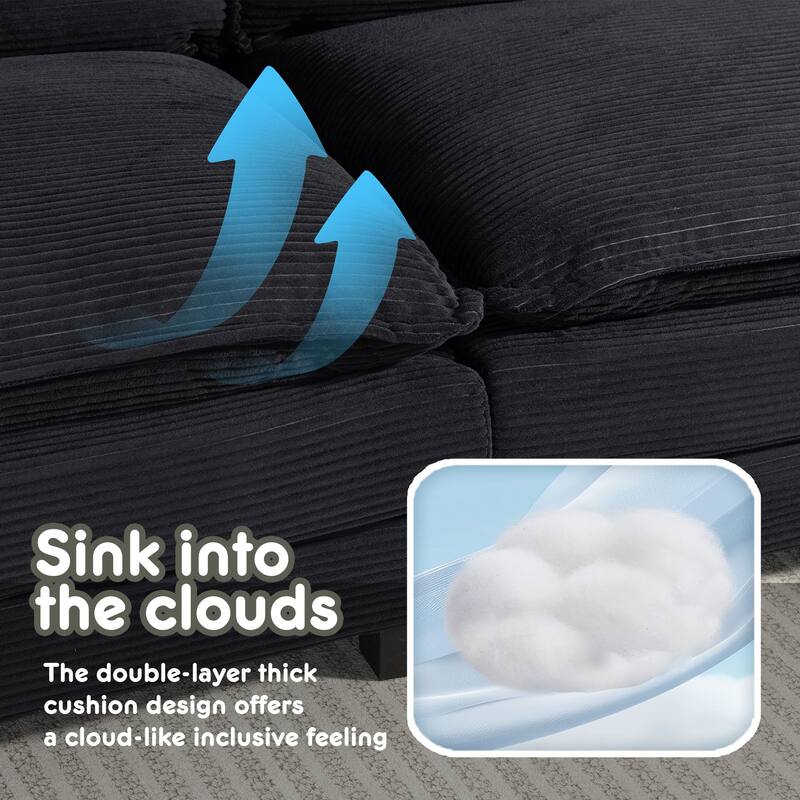 L-Shaped Modular Sectional Sofa with Ottoman, Oversized Corduroy Upholstered Cloud Couch with Cup Holders & Side Pockets