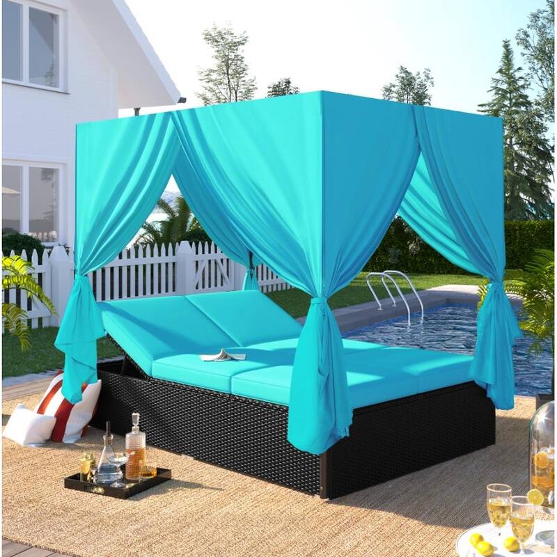 U-Style Outdoor Patio Wicker Sunbed Daybed with Cushions, Adjustable Seats for Garden Backyard & Balconies - Blue