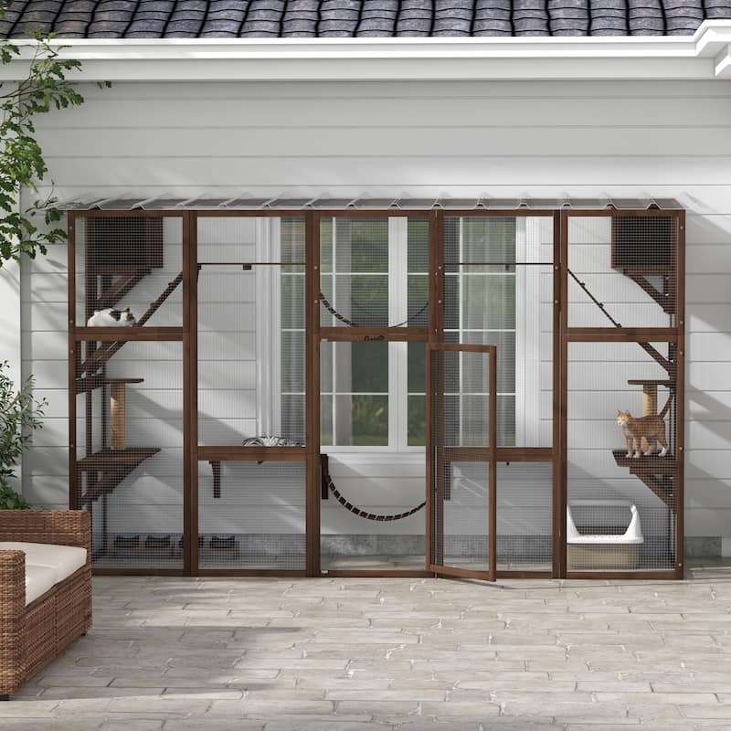 PawHut Catio Playground Outdoor Cat Enclosure Wooden Cat House Shelter