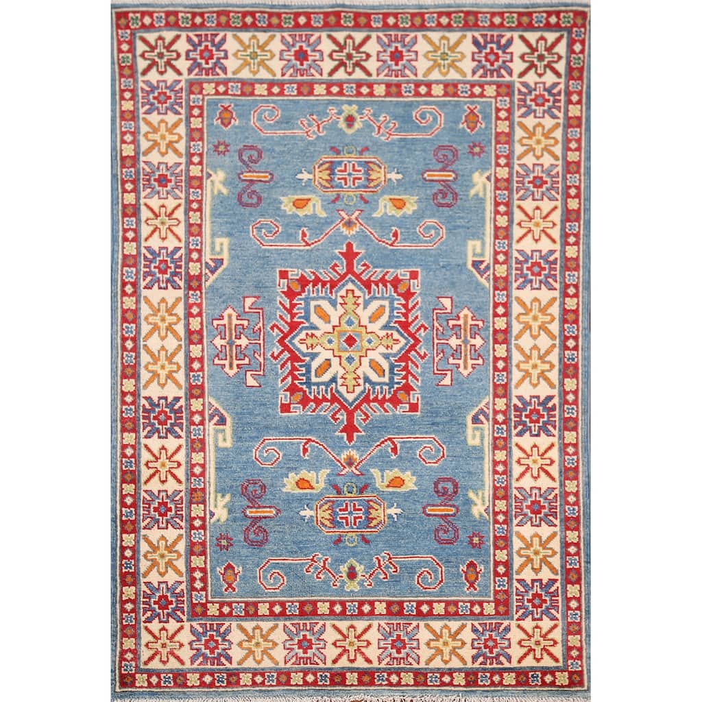 Light Blue Geometric Kazak Accent Rug Hand-Knotted Foyer Wool Carpet - 3'4" x 4'11"