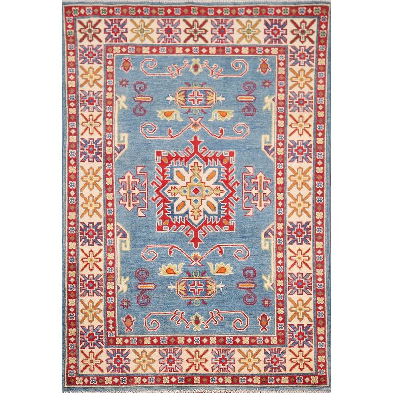 Light Blue Geometric Kazak Accent Rug Hand-Knotted Foyer Wool Carpet - 3'4" x 4'11"