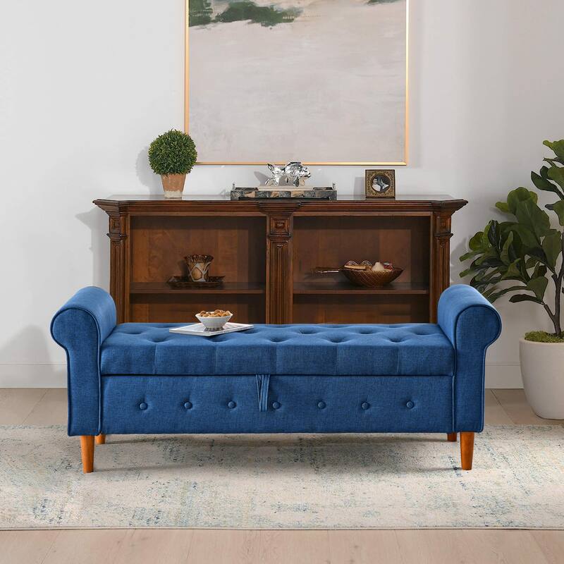 62" Bedroom Tufted Button Storage Bench Linen Upholstered Ottoman - Blue