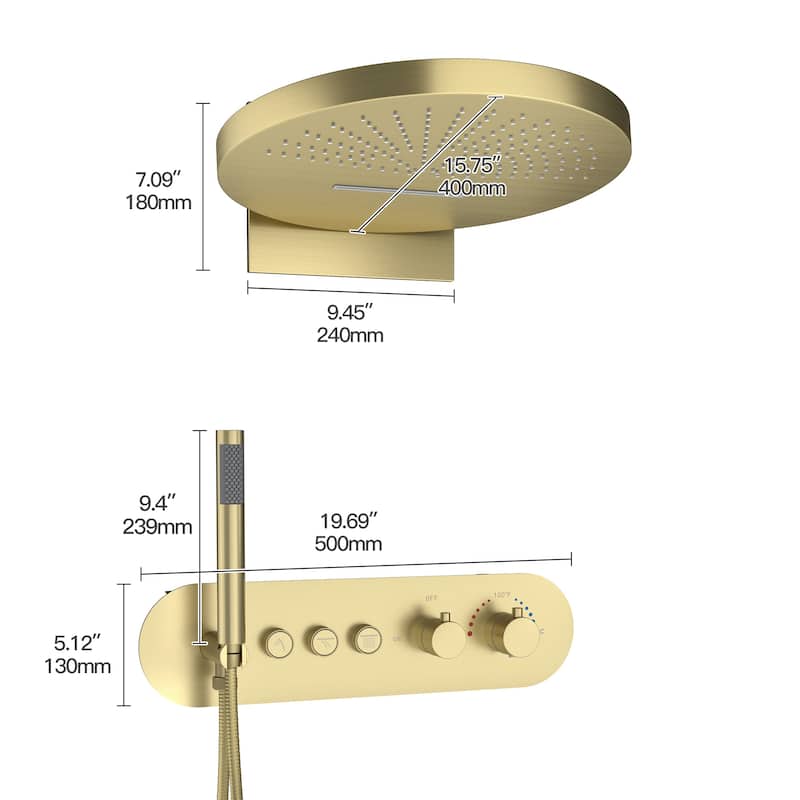 Double Handles 3-Spray Patterns 16 in. Wall Mount Thermostatic Shower Faucet 2.5 GPM with Handheld Shower