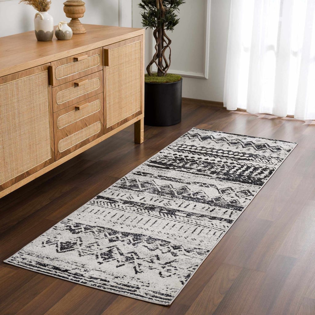 Hauteloom Lyssons Hallway, Kitchen Machine Washable Runner Rug - Black, Gray, Light Gray - 2'7" x 7'3"