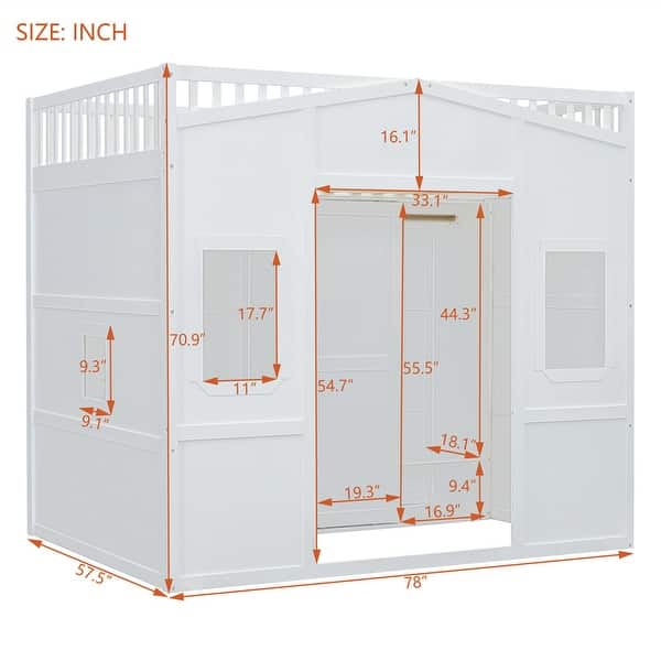 dimension image slide 2 of 5, Solid Wood Loft Bed w/ Bulit-in Wardrobe, Hanging Rod & Storage Shelves, Twin/Full Size Playhouse Design Loft Bedframe w/ Window