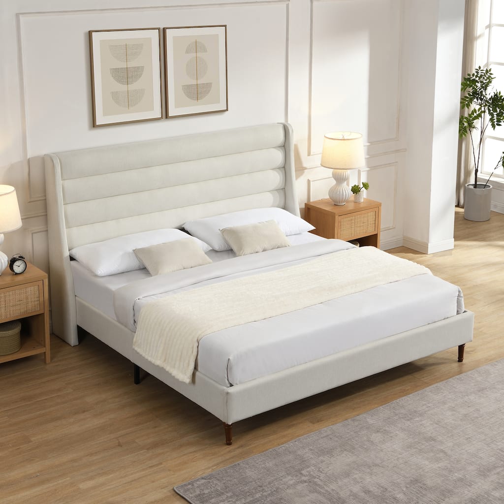 GDFStudio Theo Platform Bed with 53" Tall Wave-Shaped Chenille Headboard, No Box Spring