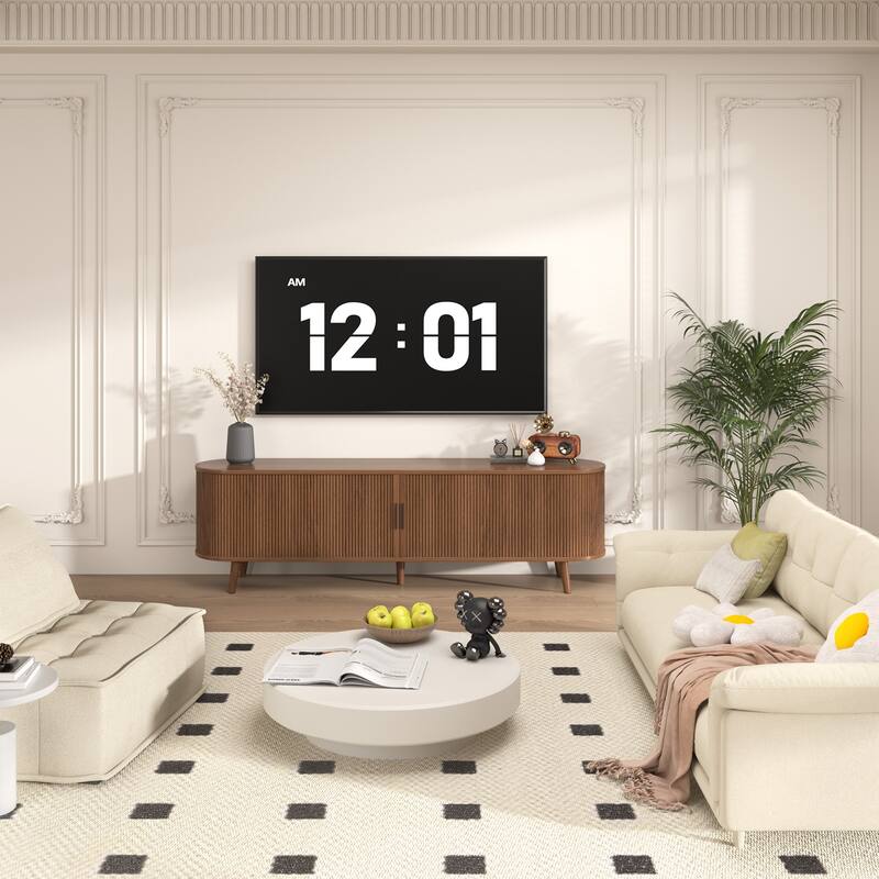 Gymojoy 71" Mid-Century Modern TV Stand, Walnut Media Console with Sliding Doors, Entertainment Center for TVs up to 80".