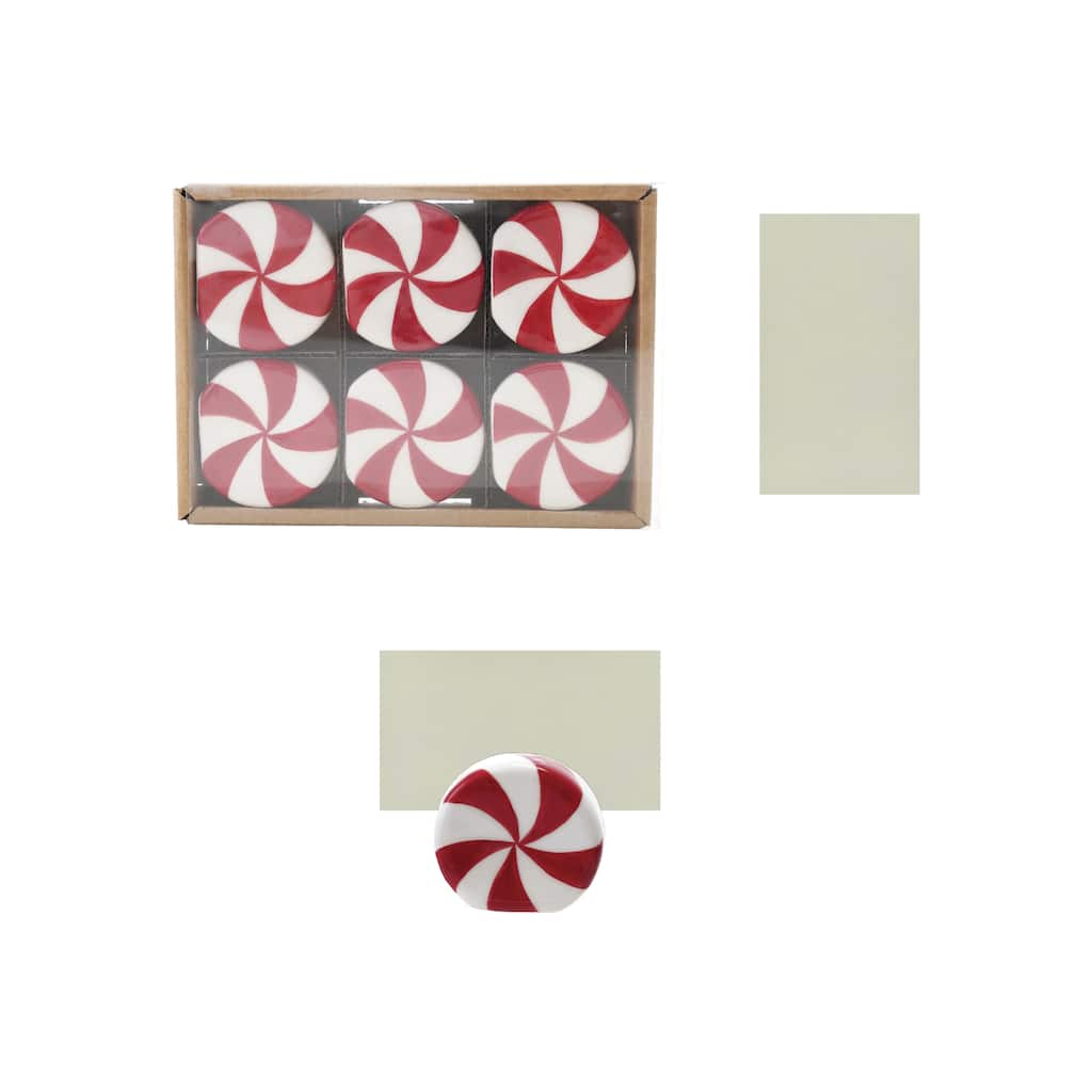 6-Piece Stoneware Peppermint Candy Shaped Place Card/Photo Holders with Paper Cards - 2.0"L x 0.88"W x 2.0"H