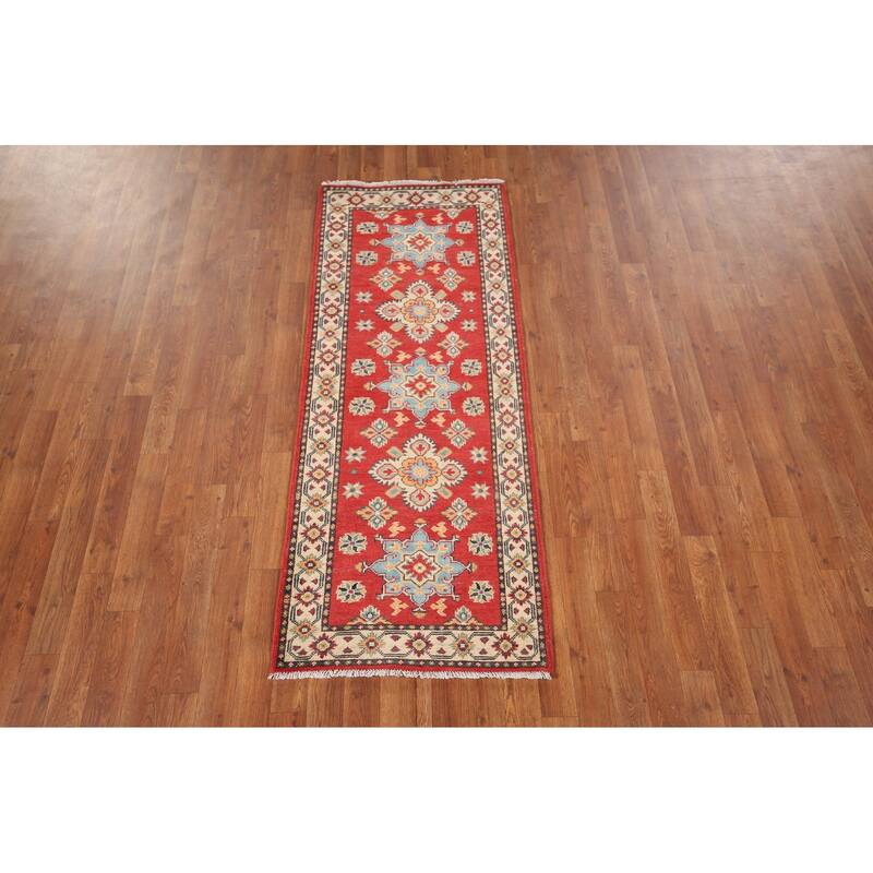 Geometric Red Kazak Oriental Runner Rug Handmade Wool Carpet - 2'2" x 5'7"