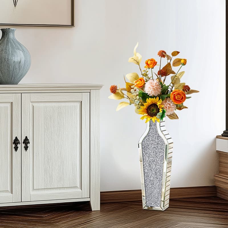 Glam Tall Crushed Diamond Floor Vase Crystal Silver for Home Decor