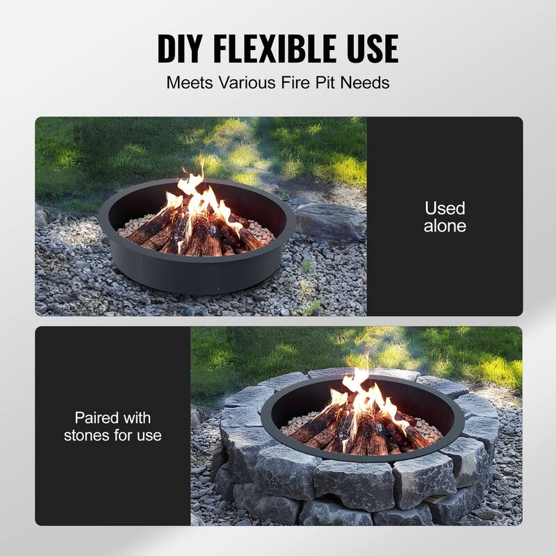Black Carbon Steel Round Ring Fire Pit Perfect for Outdoor Special Events or Holiday Gatherings