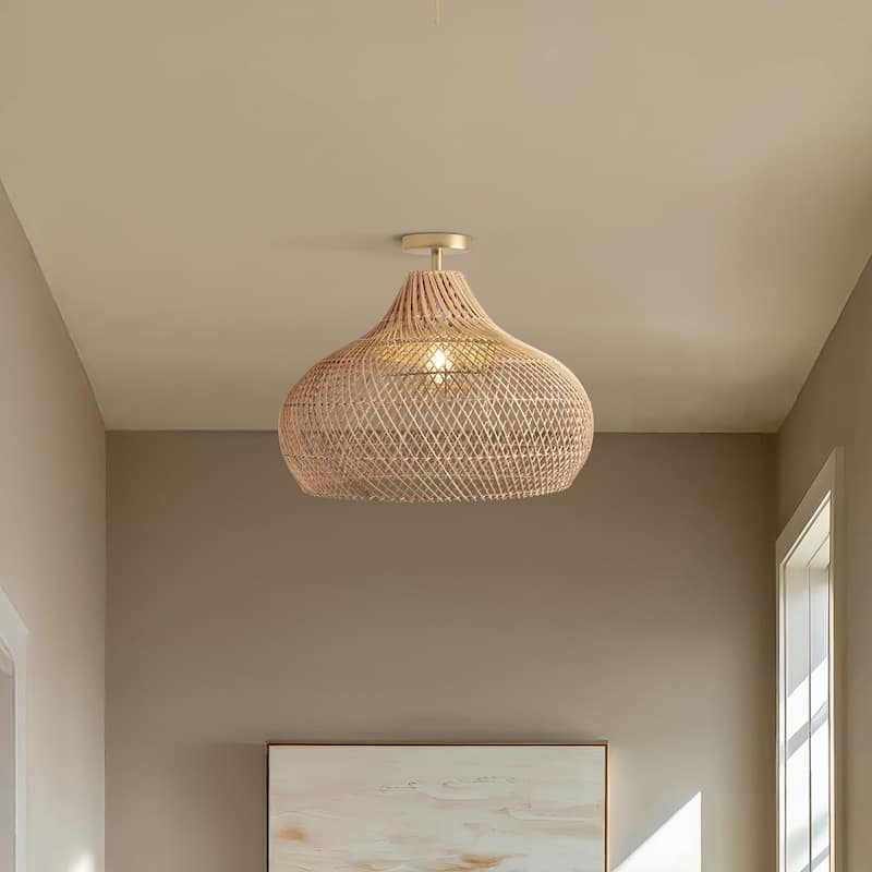 Kloe Rattan Flush Mount - Rattan Natural 1-Light Handwoven Ceiling Light for Bedroom or Dining Room in Farmhouse, Modern Style