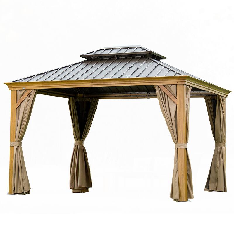 12' x 14' Hardtop Gazebo Aluminum Frame with Galvanized Steel Double Roof Curtains and Netting - Yellow Brown