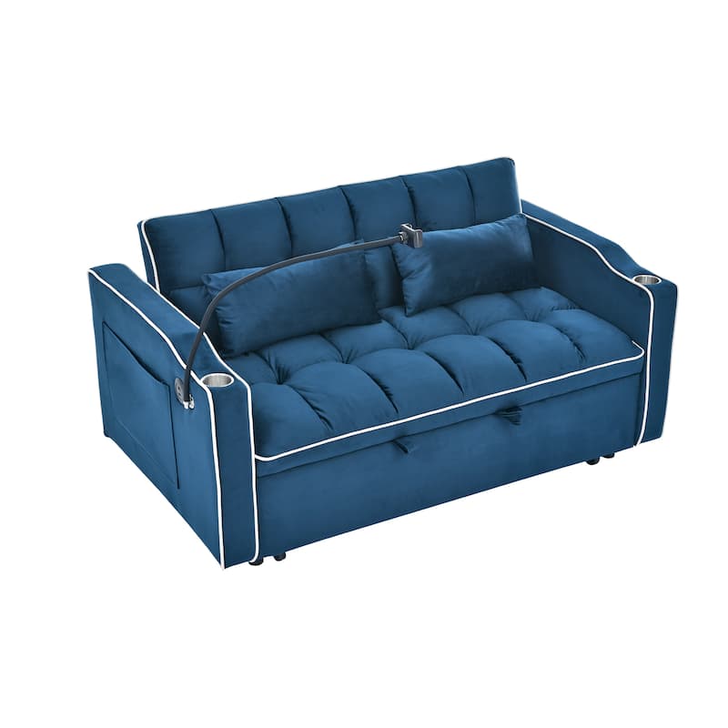 55.51 Inch Foldable Sofa Bed In 3 Lengths,Velvet Pull-out Bed,Adjustable Back,With USB Port And Ashtray And Swivel Phone Stand