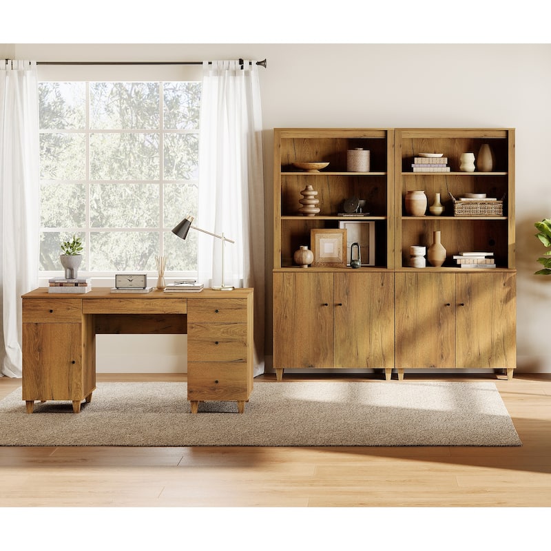 WAMPAT Home Office Furniture Set, 58" Executive Desk with Cabinet, 2-Column 71" Tall Bookcase with Doors and Adjustable Shelves