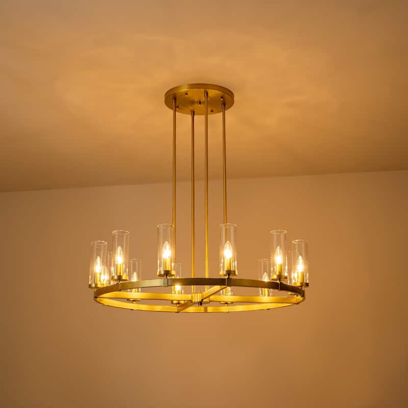 12-Light Mid-Century Modern Gold/Black Clear Glass Large Wagon Wheel Chandelier for Dining Room/ Living Room