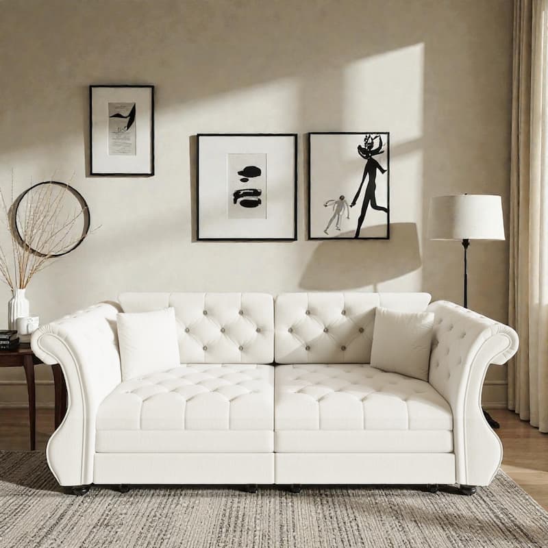 83.8 Inch Chesterfield Pull Out Sofa Bed, Velvet Roll Arm Couch with Flower Tufting, Convertible Sleeper