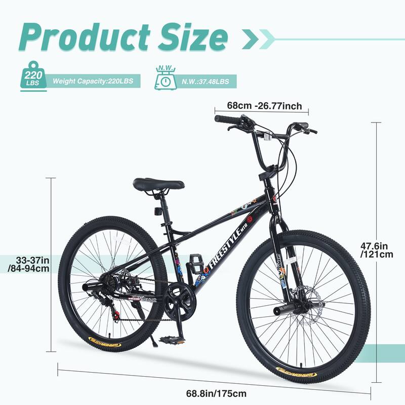 Freestyle Kids Mountain Bike, 26-inch, Shimano 7-Speed, Double Disc Brakes, Purple Bicycle for Boys & Girls 12+ Years