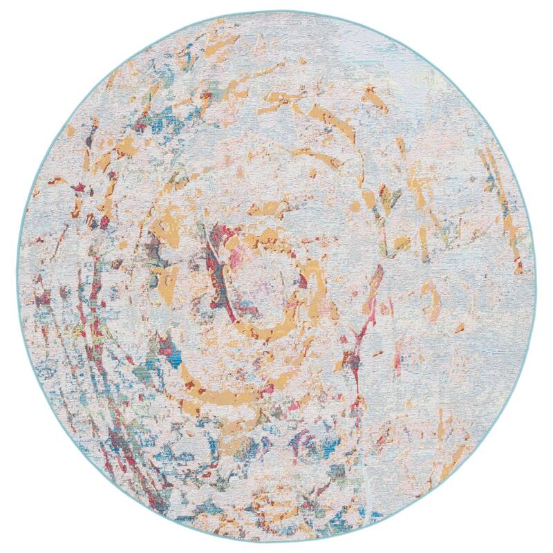 SAFAVIEH Barbados Ninel Modern Abstract Waterproof Patio Backyard Rug - 6'6" Round - Light Blue/Yellow Rust