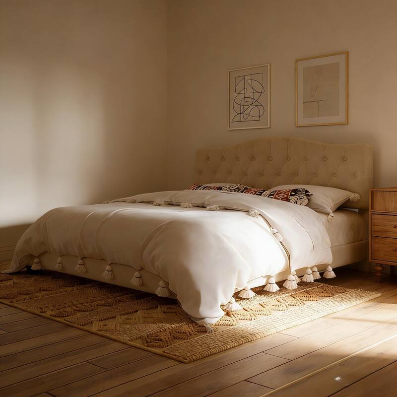 Linen Upholstered Platform Bed Frame with Saddle Curved Adjustable Headboard and Diamond Tufted Details