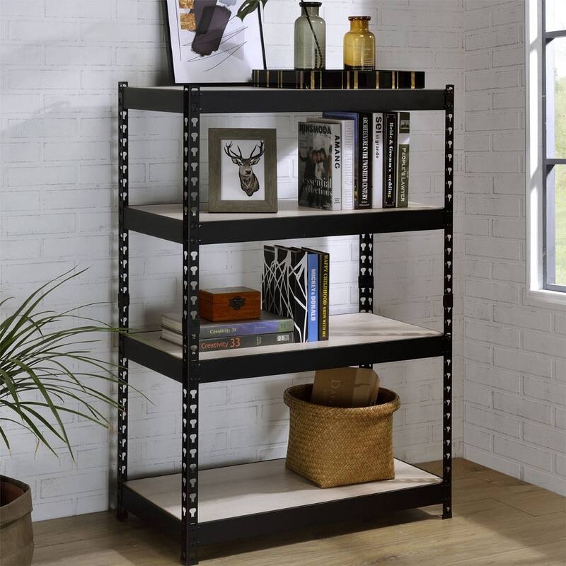4/5 Tier Adjustable Metal Storage Shelves Bookcase, Black/Natural, 48"/63"H - 48"H - Natural+Black