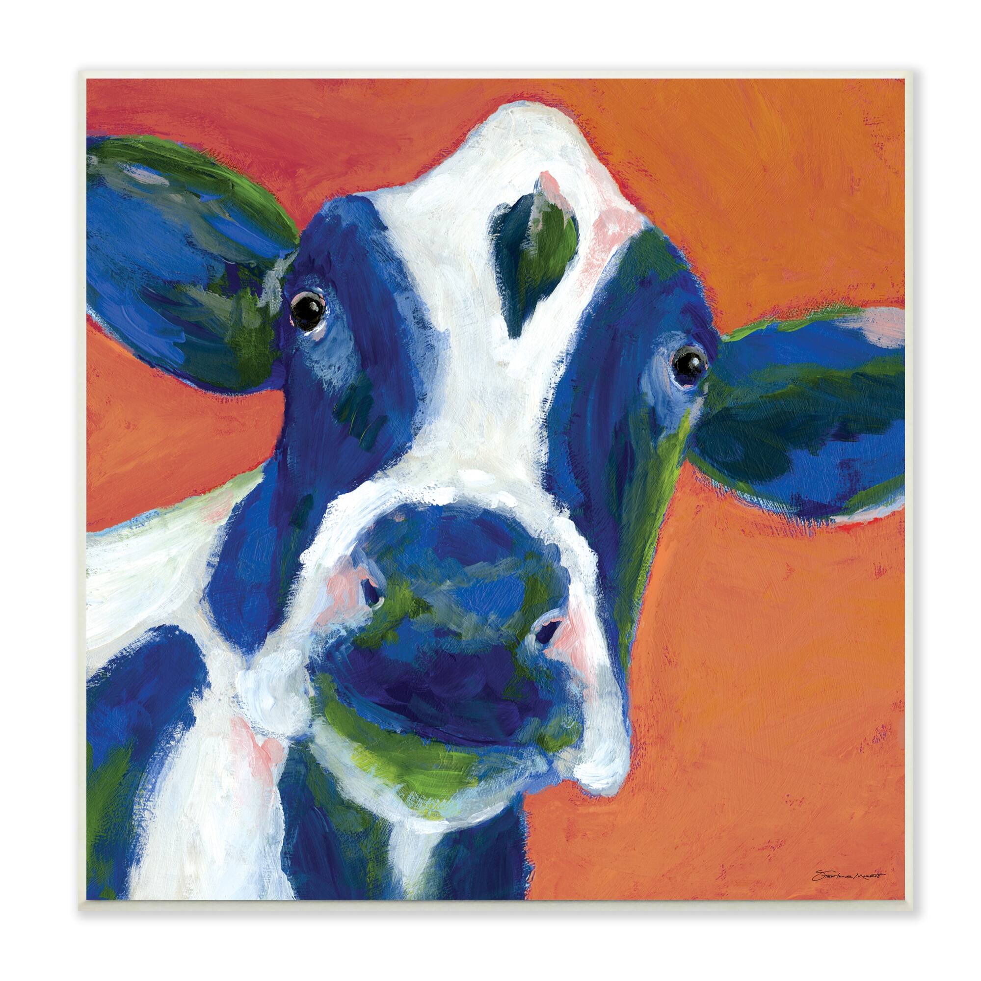 Stupell Bold Blue Dairy Cow Fun Abstract Farm Animal Wood Wall Art
