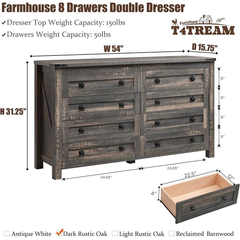 Farmhouse 8 Drawers Wood Dresser Chests, Rustic Chset of Drawers