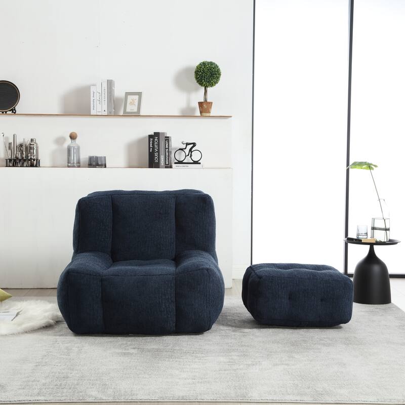 Fluffy bean bag chair with memory foam and ottoman - Blue