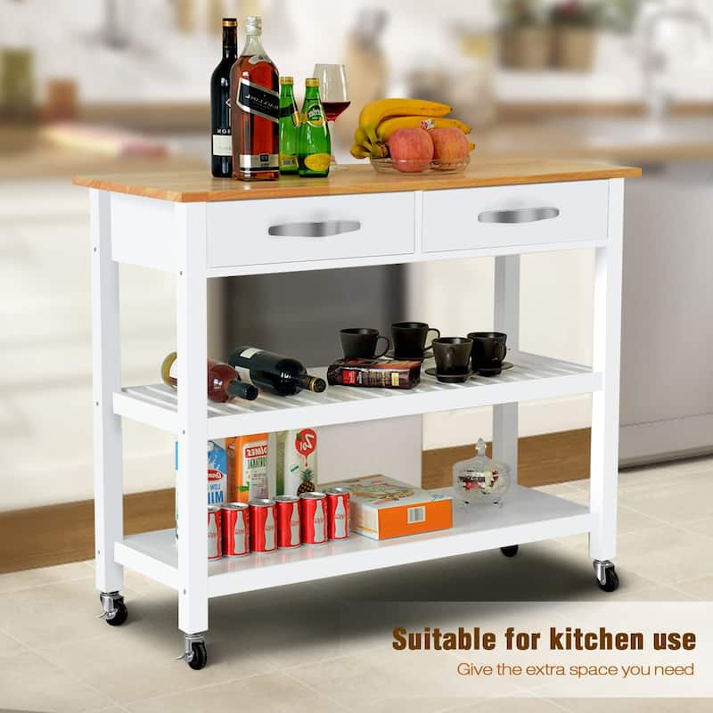 45" Kitchen Island Cart with Wheels, 2 Drawers & Open Storage Shelves - 45 x 17 x 35 inches