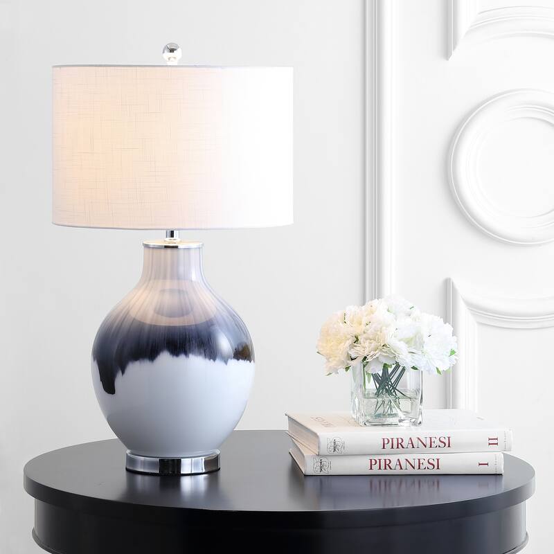 Sasha 27" Glass/Metal LED Table Lamp, Blue/White by JONATHAN Y